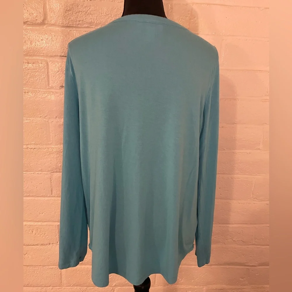 Pink Cattlelac aqua scoop neck top with white tribal print & silver studs, sz L - Picture 2 of 4